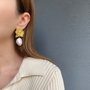 Baroque Pearl Drop Dangle Earrings, Gold Orchid Flower Earrings, Statement Earrings, Handmade Jewelry Earrings, Valentines Gift For Her image 8
