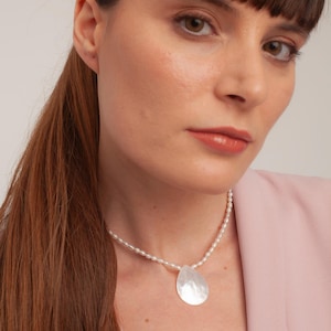 Freshwater Pearl Beaded Necklace with Teardrop Mother Of Pearl Pendant, Pearl Drop Necklace, Bridal Jewelry, Valentine Day Gift For Her