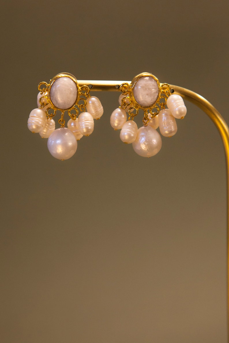 Moonstone Stud Earrings, Freshwater Pearls Drop Dangle Earrings, Gemstone Earrings, Bridal Earrings, Valentines Gift For Her image 5