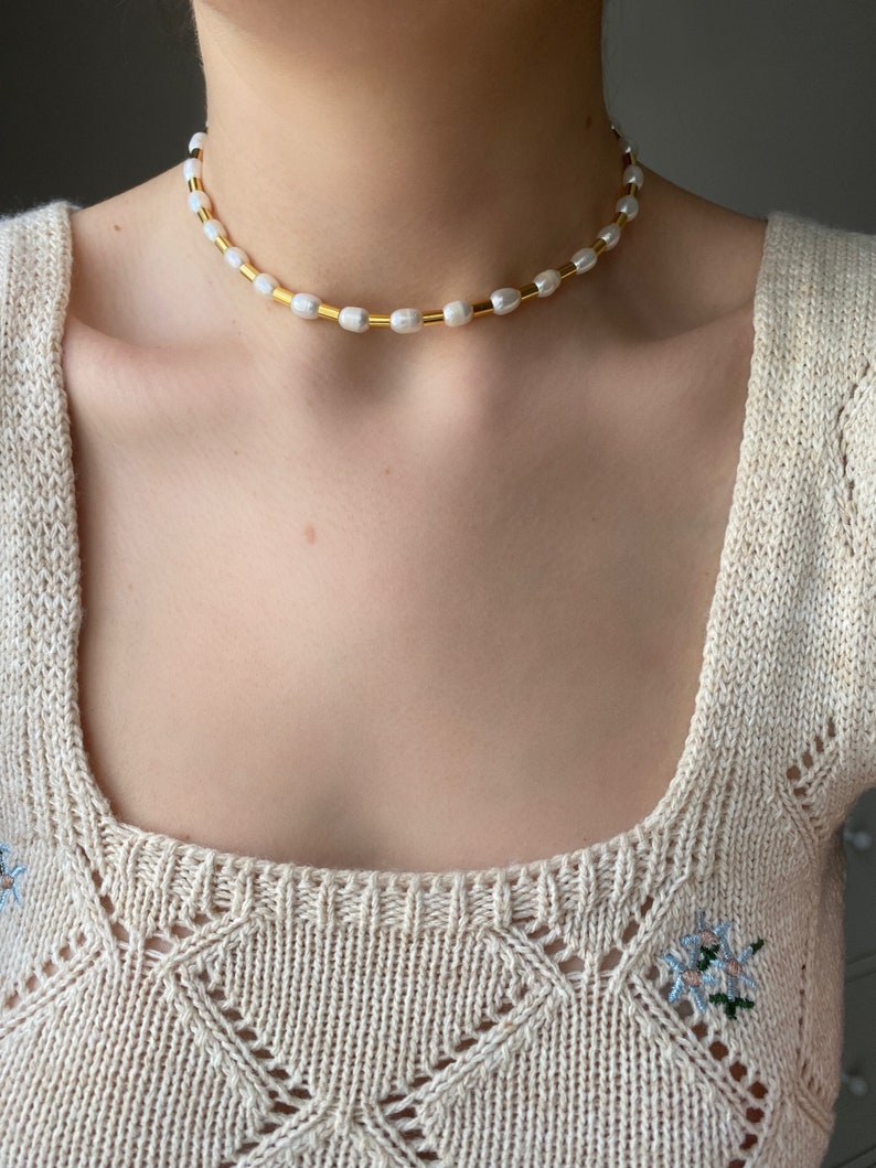 Freshwater Pearl Beaded Choker Necklace, Handmade Beaded Jewelry, Dainty Natural Pearl Beads, Gift for Her image 7