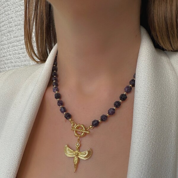 Natural Amethyst Necklace, Egyptian Isis Charming Necklace, 22k Gold-Plated Goddess Isis Pendant, Toggle Clasp Necklace, February Birthstone