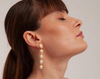 Long Bridal Pearl Statement Earrings, Gold Studs, Wedding Jewelry