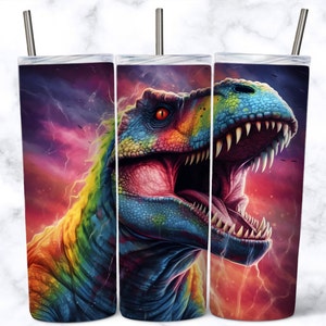 Neon Dinosaur 20 oz Skinny Tumbler Sublimation Design, Tumbler Wrap Design, Instant Digital Download PNG