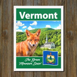 Fertig zum Aufhängen Vermont Poster mit Rotfuchs, Vermont Kirche, grüne Berglandschaft, gerahmter Druck, Vermont Reiseplakat • KOSTENLOSER VERSAND