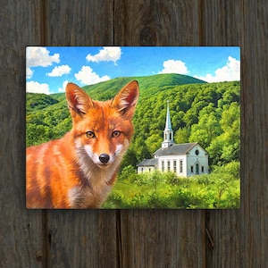 Vermont Shelf Sitter Leinwanddruck mit rotem Fuchs, Vermont Kirche, Green Mountains, New England Shelf Display & Bücherregal Kunst • KOSTENLOSER VERSAND!