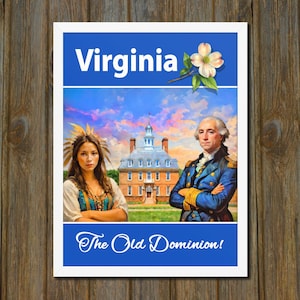 Ready to Hang Virginia Poster - Pocahontas, George Washington, Colonial Williamsburg, Dogwood Flower, Virginia Travel Poster • FREE SHIPPING