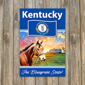 Kentucky Art Print, The Bluegrass State Thoroughbred Horse Racing in Kentucky Travel Poster of Racehorse on Equestrian Farm • FREE SHIPPING