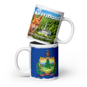 Großer Vermont Becher mit Rotfuchs, Country Church, The Green Mountain State, Vermont State Flagge, New England Art Big Kaffeetasse • KOSTENLOSER VERSAND!