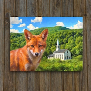 Vermont Leinwand mit Rotfuchs, Vermont Kirche, grüne Berglandschaft, Neu England Wildtier Kunst, Vermont Wohndekor • KOSTENLOSER VERSAND!