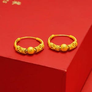Genuine 18K Gold Ethnic Style Round Vintage Earrings Drop Earrings for Women Wedding Daily Wear Gold Earring Fine Jewelry Gifts