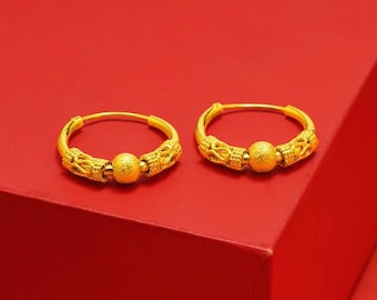 Genuine 18K Gold Plated Ethnic Style Round Vintage Earrings Drop Earrings for Women Wedding Daily Wear Gold Earring Fine Jewelry Gifts