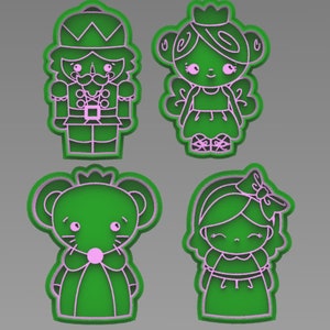 May include: Four green cookie cutters shaped like a nutcracker, a fairy, a mouse, and a girl with a bow. The cutters are outlined in pink.