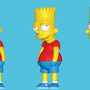 May include: A yellow cartoon character with a red shirt and blue shorts is shown from three different angles. The character has a yellow head with brown hair, a yellow body, and a blue shirt. The character is standing with its hands in its pockets.