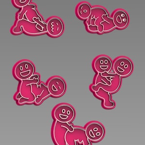 May include: Five pink stick figures in various poses, each with a simple smiling face. The figures are outlined in white and have a 3D effect.