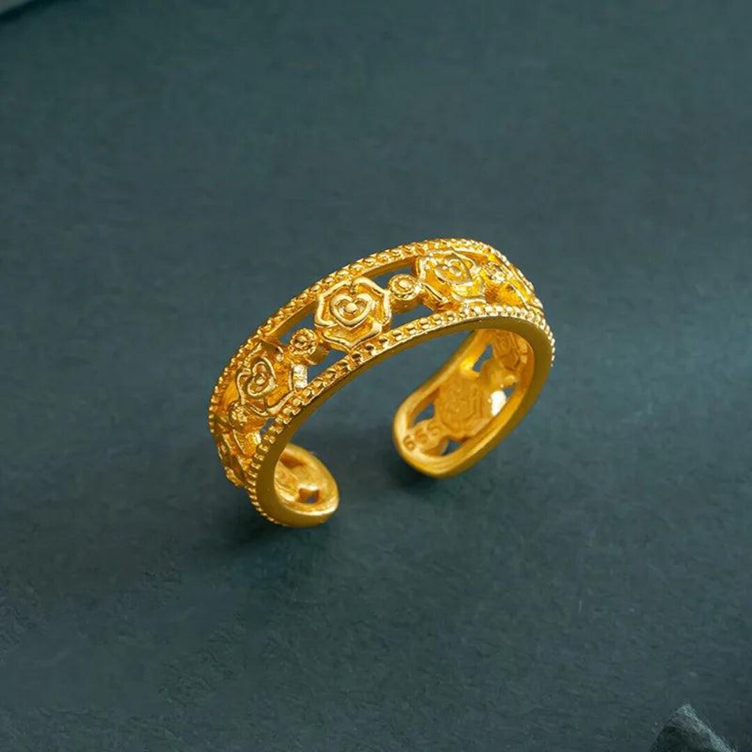 Fashion 14K Pure Gold Color Rose Shape Ring Open Live Rings for Women ...
