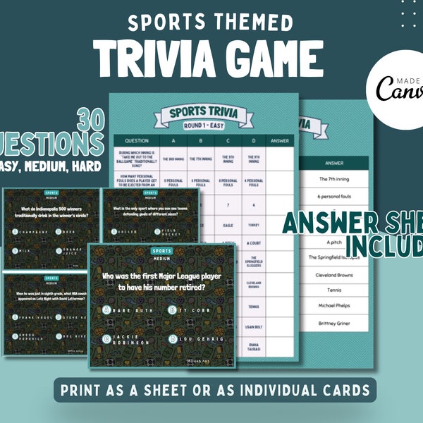 Printable Sports Trivia Games: Instant Download for Home Fun! Perfect for Sports Enthusiasts of All Ages. Edit, Download, Print, Reuse