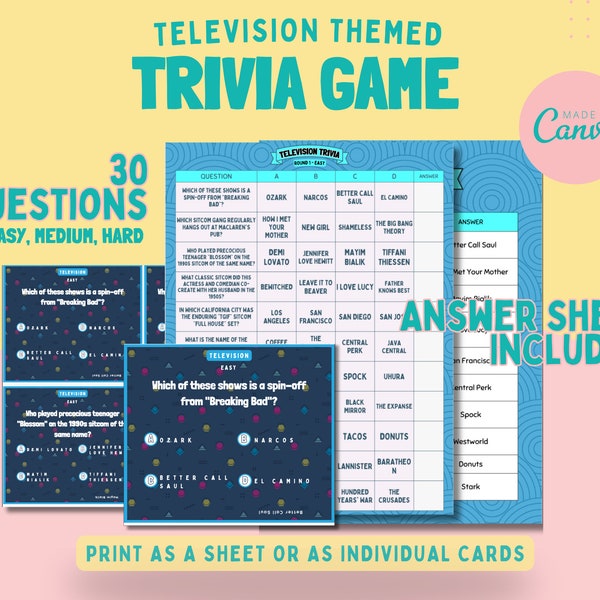 Instant Download TV Trivia Game, Pub Trivia Questions, Great for All Ages, Party Games Fun Pack, Printable Television Trivia Sheets for Fun