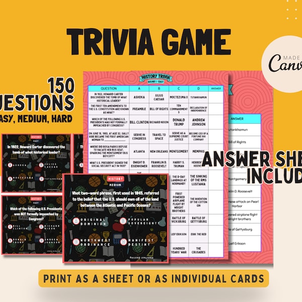 5 Pack Printable, Instant Download, At Home Trivia Pack, 5 different categories, 150 questions, Sports, Food, Animals, TV, and History.