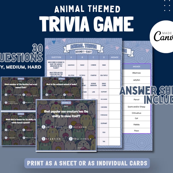 Printable Animal Trivia Games: Instant Download for Home Fun! Suitable for All Ages. Edit, Download, Print, Reuse. Enjoy w/ Family & Friends
