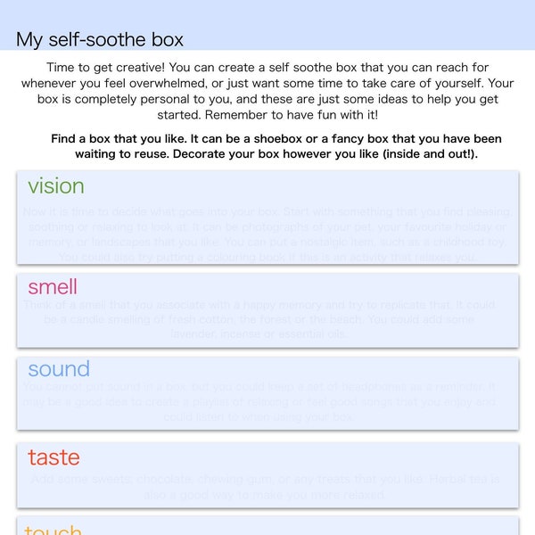 Printable grounding exercise, DIY self soothe box, DBT exercises, therapy resources, digital therapy exercise, manage anxiety