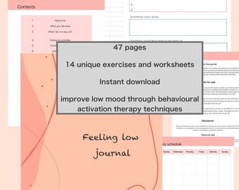 Feeling low self help journal, digital journal prompts, self help guide, behavioural activation journal, depression workbook, CBT worksheets