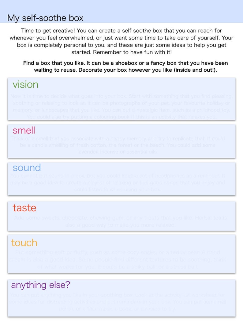 Printable Grounding Exercise, DIY Self Soothe Box, DBT Exercises ...