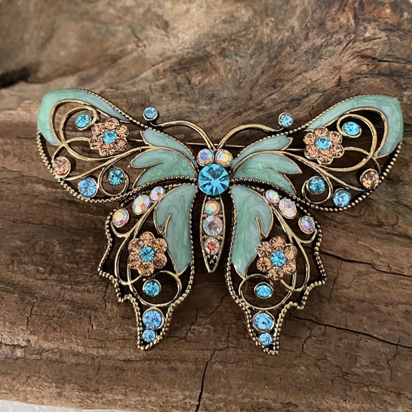 Vintage Avon Rhinestone Butterfly Brooch Pin by Nina Ricci Blue Green Enamel flowers