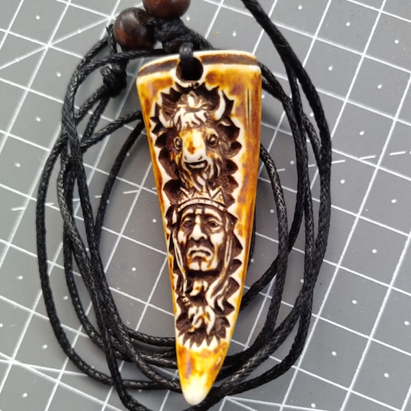 large claw pendant resin depicting native american with Buffalo and adjustable leather cord Native American Boho Ethnic findingsUK