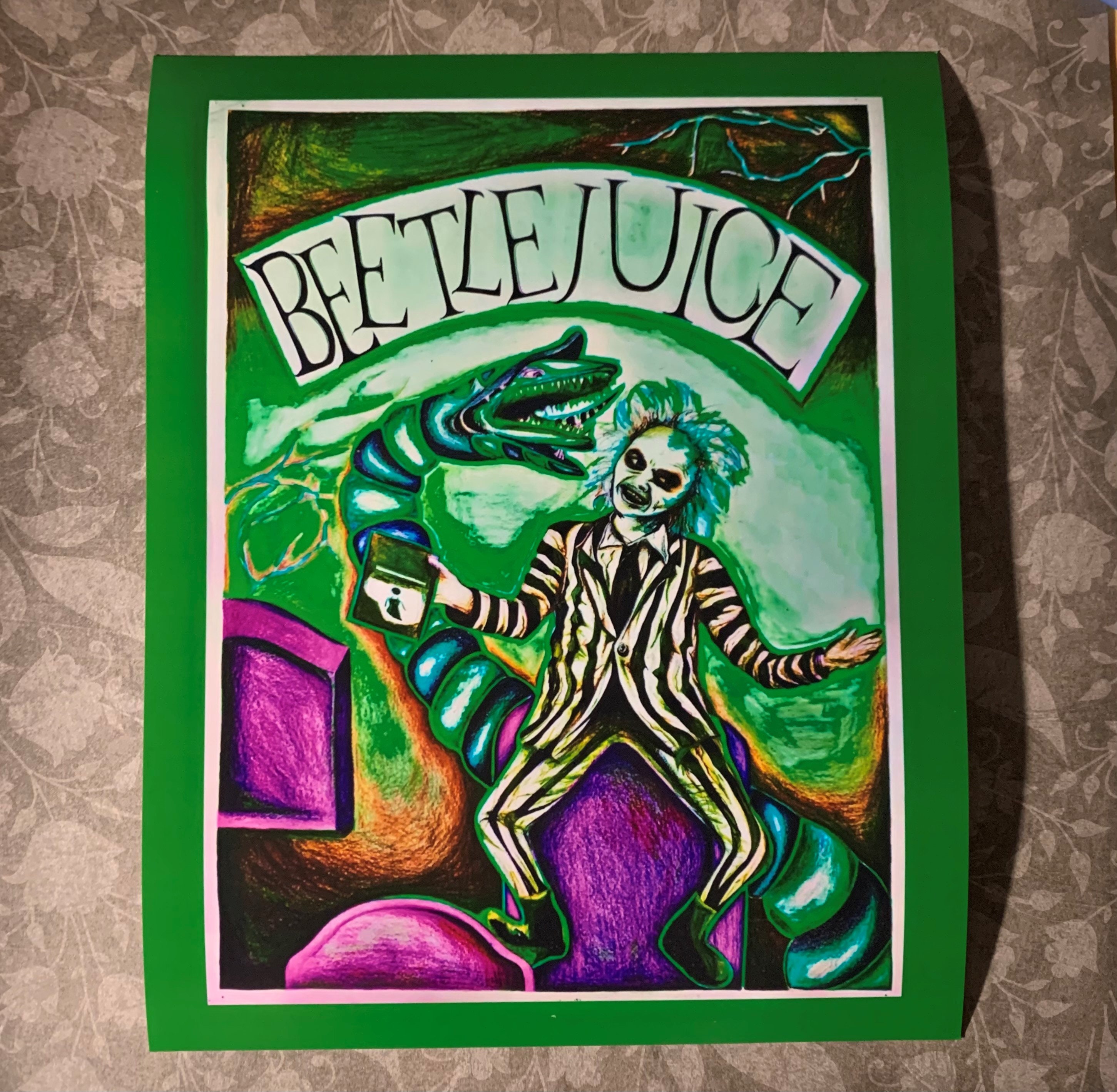 Beetlejuice Movie Tim Burton Olive Green or Neon Green Colored Pencil Drawing 4x6 and 8x10 Wall ...