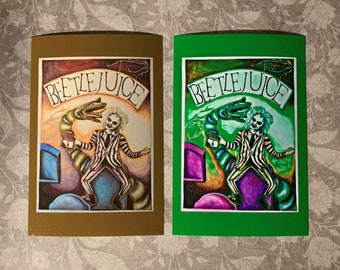 Beetlejuice Movie Tim Burton Olive Green or Neon Green Colored Pencil Drawing 4x6 and 8x10 Wall Art Print Small Artist - ArtbyAshLynn11