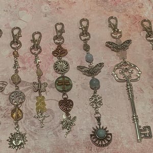 Handmade Pastel Fairy Celestial Mushroom Sun and Moon Fairycore Amethyst Crystal Charm Silver Copper Swivel Clasp Keychain ArtbyAshLynn11