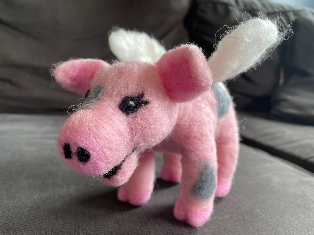 Felted Wool Flying Pig Sculpture: Pink & Grey Farm Animal Art Doll - Etsy
