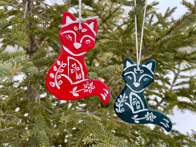 Pair or set of 7 Nordic Christmas decorations handmade with clay then hand painted ornaments festive Scandinavian folk art Nala horse Decor Fox