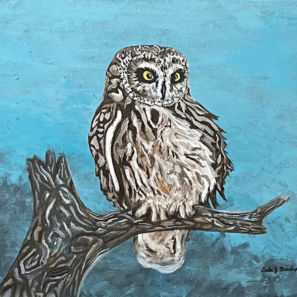 Short Eared Owl acrylic painting on stretched canvas 18” x 24”, wildlife art, nature decor, wall decor, moody patterns