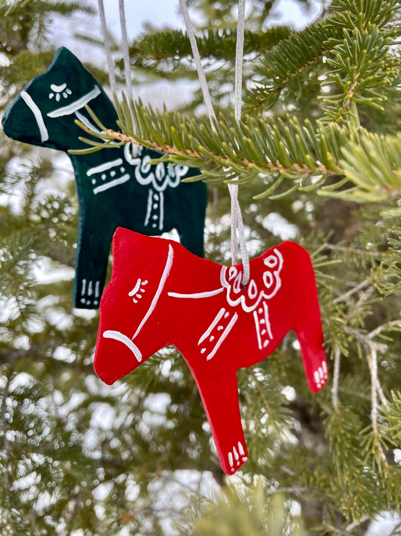 Pair or set of 7 Nordic Christmas decorations handmade with clay then hand painted ornaments festive Scandinavian folk art Nala horse Decor Nala horse
