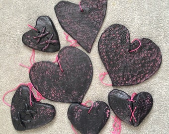 Handmade clay heart ornament, hand painted black with pink floral accents, gift idea or decoration