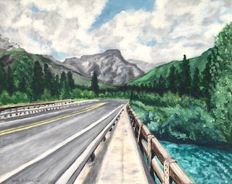 Bridge Over Kananaskis River 11” by 14” original acrylic painting on fine art paper, Canadian landscape scenic mountains road trip summer