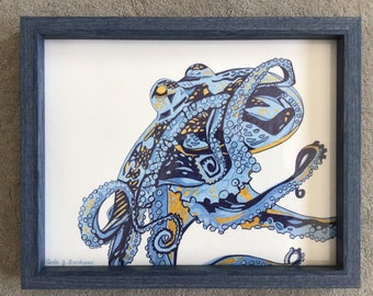 Octopus framed original artwork felt pen on paper 11” by 14” sea creature nature inspired beach house decor