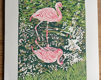 Flamingo linocut print limited addition of ten, 8.5” by 11” not framed