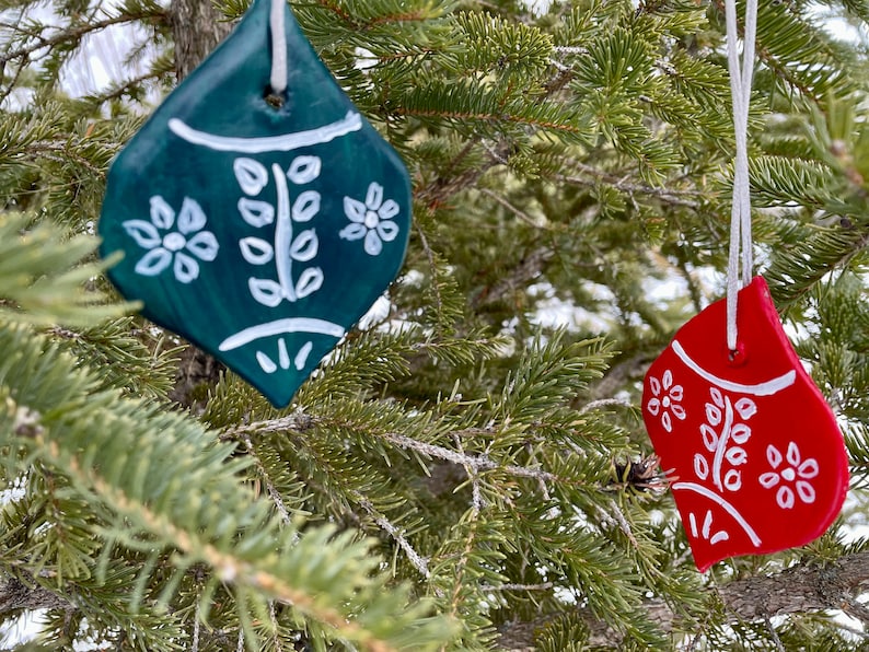 Pair or set of 7 Nordic Christmas decorations handmade with clay then hand painted ornaments festive Scandinavian folk art Nala horse Decor Bulb