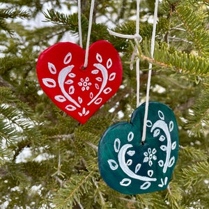 Pair or set of 7 Nordic Christmas decorations handmade with clay then hand painted ornaments festive Scandinavian folk art Nala horse Decor Heart
