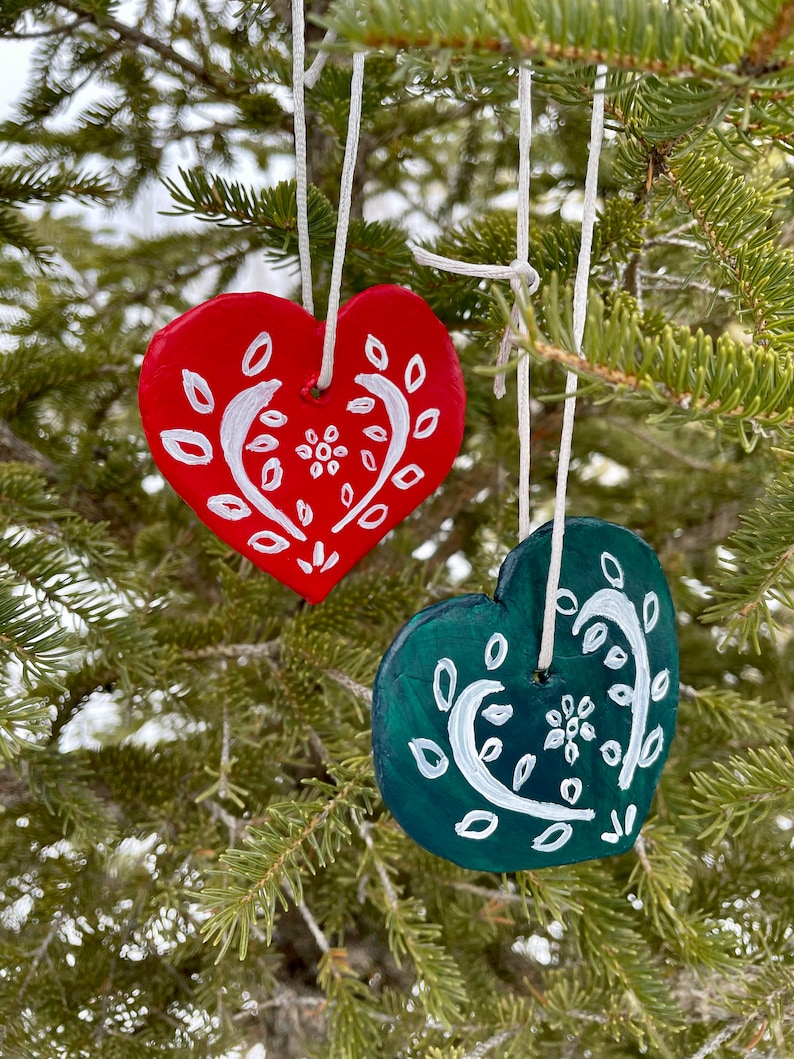 Pair or set of 7 Nordic Christmas decorations handmade with clay then hand painted ornaments festive Scandinavian folk art Nala horse Decor Heart