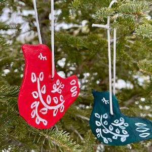 Pair or set of 7 Nordic Christmas decorations handmade with clay then hand painted ornaments festive Scandinavian folk art Nala horse Decor Bird