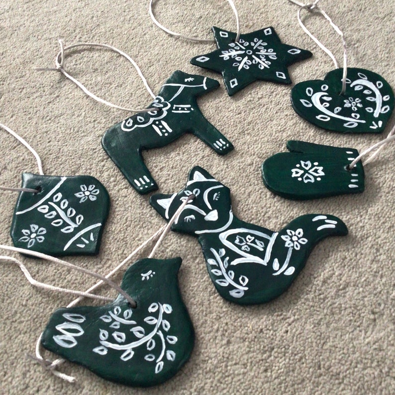 Pair or set of 7 Nordic Christmas decorations handmade with clay then hand painted ornaments festive Scandinavian folk art Nala horse Decor Set of dark green