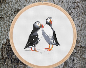 Puffin Birds Cross Stitch Pattern: Counted Backstitch (PDF Pattern)