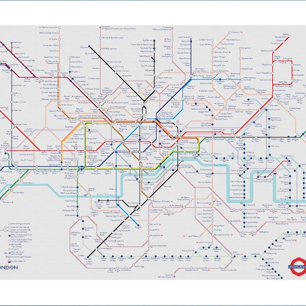 Cross stitch pattern London underground map - NEW 2022 version -  Elizabeth line included - Instant download PDF - Digital download