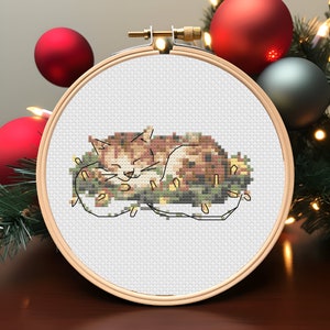 Sleeping Cat Christmas Lights Cross Stitch Pattern (PDF Pattern)