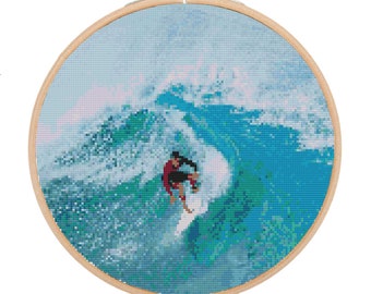 Surfing Cross Stitch Pattern: Ocean Wave Counted Design (PDF)