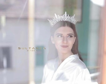 Diadème Sultanca Fullround – Couronne de mariée luxueuse, diadème de fiançailles en strass argenté
