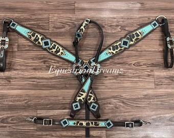 Western Natural Leather Bling Tack Set of Headstall & Breast